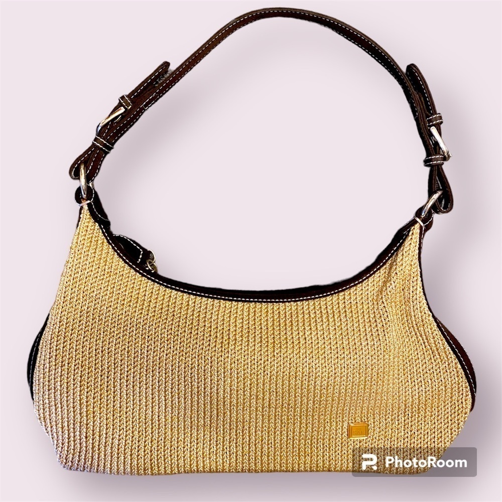 The Sak Straw Mini Shoulder Bag with Brown Trim